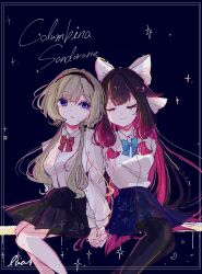  2girls absurdres alternate_costume black_hair black_hairband black_pantyhose black_skirt blue_bow blue_eyes blue_skirt border bow bowtie brown_hair character_name closed_eyes closed_mouth collared_shirt colored_inner_hair columbina_(genshin_impact) contemporary crescent dark_background feet_out_of_frame genshin_impact hair_bow hairband highres holding_hands inset_border interlocked_fingers large_bow long_hair lua070809 multicolored_hair multiple_girls pantyhose parted_lips pleated_skirt purple_hair purple_streaks red_bow red_bowtie sandrone_(genshin_impact) shirt short_hair_with_long_locks signature skirt smile star_(symbol) streaked_hair two-tone_hair very_long_hair white_border white_bow white_shirt 