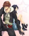  1girl bad_id belt black_hair brown_hair couple dissidia_final_fantasy final_fantasy final_fantasy_viii gloves highres kisaragi_ritsuka legs long_legs multiple_belts rinoa_heartilly scar squall_leonhart star thighs 