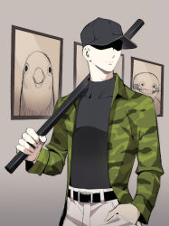  1boy baseball_cap baseball_uniform belt bird black_belt black_hat black_shirt camouflage camouflage_jacket closed_mouth colored_skin commentary_request compression_shirt enoch_(off) grin hand_in_pocket hat holding holding_lead_pipe industrial_pipe jacket japhet lead_pipe long_sleeves looking_to_the_side male_focus off_(game) open_clothes open_jacket pants portrait_(object) sakuyamochi shaded_face shirt short_hair smile solo sportswear the_batter_(off) turtleneck turtleneck_shirt white_pants white_skin 