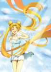  :d :p bangs bare_shoulders bishoujo_senshi_sailor_moon blonde_hair cicci closed_eyes cloud clouds double_bun eyes_closed highres long_hair multicolored_hair open_mouth orange_hair parted_bangs skirt sky smile solo tongue tsukino_usagi twintails 