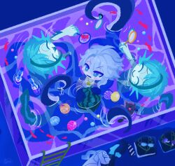  3boys animal anzu_(1014105) azul_ashengrotto azul_ashengrotto_(octopus) blue_eyes blue_hair blue_skin colored_skin commentary_request easter easter_egg eel_boy egg fins fish fish_tank floyd_leech floyd_leech_(eel) goldfish_scooping head_fins jade_leech jade_leech_(eel) male_focus merfolk merman monster_boy multiple_boys no_lineart octavinelle_dorm octopus_boy partially_submerged ramune short_hair tentacles twisted_wonderland 