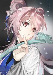  1girl absurdres animal_ears arknights chinese_clothes grey_background hand_up highres holding lin_(arknights) lin_(heavenly_mirage)_(arknights) long_hair long_sleeves looking_at_viewer mouse_ears mouse_girl official_alternate_costume parted_lips pink_eyes pink_hair ruyi solo upper_body wlan 