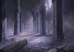  arch arched_window architecture blue_archive broken_pillar cathedral church column cool_colored european_architecture fog game_cg gothic_architecture haze indoors light_rays no_humans non-web_source official_art perspective pillar purple_theme rubble ruins scenery self-datamine stone_pillar tile_floor tiles window 