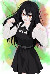  1girl absurdres black_dress black_hair chainsaw_man clenched_hands dlxvm dress fourth_east_high_school_uniform hair_between_eyes highres long_hair long_sleeves looking_at_viewer pinafore_dress red_eyes ringed_eyes scar scar_on_cheek scar_on_face scar_on_nose school_uniform shirt sleeveless sleeveless_dress solo white_shirt yoru_(chainsaw_man) 