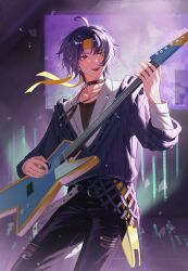  1boy absurdres asaba_harumasa black_hair black_pants blue_sweater collar collarbone commentary_request cowboy_shot electric_guitar guitar headband highres holding holding_guitar holding_instrument holding_plectrum instrument jewelry male_focus music necklace open_mouth pants parted_bangs playing_instrument plectrum rame0130 shirt short_hair solo sweater torn_clothes torn_pants white_shirt yellow_eyes yellow_headband zenless_zone_zero 