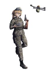  1girl 35th_marine_brigade absurdres angel_wings artist_name belt blonde_hair blue_hair body_armor bomb boots callsign camouflage camouflage_jacket camouflage_pants controller curly_hair drone explosive full_body grin grzegorz1996 gun hair_between_eyes halo handgun head-mounted_display high-waist_belt highres holding holding_controller holding_gun holding_weapon jacket long_hair looking_at_viewer military_uniform morale_patch non-web_source pants patch ponytail quadcopter russo-ukrainian_war smile soldier solo standing standing_on_one_leg stechkin_aps tanya_degurechaff tanya_degurechaff_(sleepwalker) transparent_background ukrainian_flag ukrainian_marine_corps weapon wings youjo_senki 