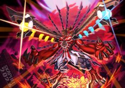  chronomon chronomon_destroy_mode colored_skin commentary digimon digimon_(creature) dragon english_commentary highres open_mouth red_skin shoulder_cannon skaphel solo_focus wings yellow_eyes 
