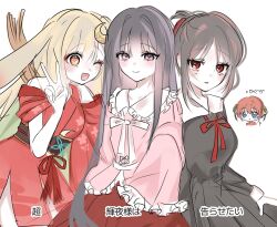  4girls ? animal_ears black_hair blonde_hair blue_eyes cho_kaguya-hime! commentary crossover gintama highres houraisan_kaguya kagura_(gintama) kaguya-sama_wa_kokurasetai_~tensai-tachi_no_renai_zunousen~ kaguya_(cho_kaguya-hime!) looking_at_viewer lop_rabbit_ears lunatic_chus2 multiple_girls name_connection one_eye_closed open_mouth orange_eyes parted_lips pink_eyes rabbit_ears red_eyes red_hair shinomiya_kaguya side-by-side sketch sleeves_past_fingers sleeves_past_wrists small_sweatdrop smile touhou translation_request v white_background 