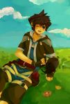  blue_eyes brown_hair cloud clouds fingerless_gloves flower gloves heartless kingdom_hearts male sana423 sky solo sora_(kingdom_hearts) wink 