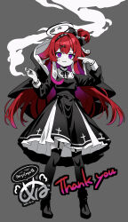  1girl absurdres berrycrepe black_dress bow cigarette commission dress evil_smile finger_gun finger_gun_to_head garter_straps grey_background hair_bow hair_ornament halo highres holding holding_cigarette indie_virtual_youtuber kamippoina_(vocaloid) long_hair looking_at_viewer nun nun_headdress red_hair ryo_(0626kk) skeb_commission smile smoke solo squid_girl standing tentacle_hair violet_eyes virtual_youtuber x_hair_ornament 