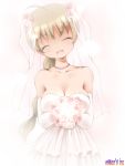  bouquet braid breasts bride brown_hair cleavage closed_eyes dr_rex dress eyes_closed flower jewelry long_hair lynette_bishop necklace strike_witches wedding_dress 