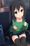  black_hair brown_eyes couch k-on! long_hair nakano_azusa sora_to_umi sweater thighhighs twintails 