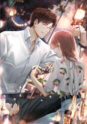  1boy 1girl absurdres alcohol belt black_pants blurry blurry_background bottle brown_hair collared_shirt curtained_hair denim food food_print fruit game_cg glasses grin hetero highres holding jewelry light_and_night_love lu_chen necklace night non-web_source official_art outdoors pants pink_hair protagonist_(light_and_night_love) red_eyes shirt short_sleeves sitting skirt sky smile watch watch white_shirt 