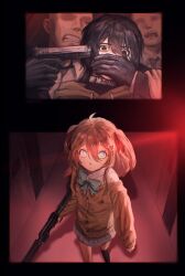  1girl 3boys assault_rifle black_eyes black_gloves black_hair black_thighhighs blue_bow blue_bowtie bow bowtie brown_cardigan brown_hair cardigan clenched_teeth collar covering_another's_mouth dgucedunno english_commentary gloves grey_skirt gun hair_ornament hair_ribbon hand_over_another's_mouth heart heart_hair_ornament highres holding holding_gun holding_weapon looking_at_viewer multiple_boys neuro-sama no_eyes pleated_skirt red_ribbon ribbon rifle skirt teeth thigh-highs two_side_up vedal987 vedal_ai virtual_youtuber weapon 