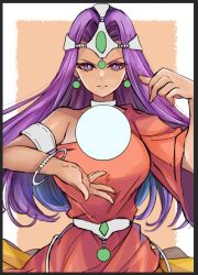  1girl armlet asymmetrical_dress bracelet breasts circlet crystal_ball dark-skinned_female dark_skin dragon_quest dragon_quest_iv dress earrings eyelashes floating floating_object forehead_jewel frown gem green_gem hands_up jewelry long_dress long_hair long_sleeves looking_at_viewer medium_breasts metal_belt minea_(dq4) neck_ring orange_dress orb purple_hair silver_circlet single_bare_shoulder single_sleeve solo sphere_earrings upper_body urihara84 v-shaped_eyebrows violet_eyes 