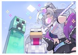  1girl bare_shoulders bird black_shorts blowing_bubble_gum blue_sky breasts chewing_gum chicken chicken_(minecraft) clouds cloudy_sky collared_shirt commentary creeper eyewear_on_head grey_eyes grey_hair highres holding holding_sword holding_weapon honkai:_star_rail honkai_(series) jacket long_hair looking_at_viewer looking_down medium_breasts minecraft minecraft_(style) off_shoulder purple_jacket shirt shorts silver_wolf_(honkai:_star_rail) silver_wolf_(lv.999)_(honkai:_star_rail) sky sleeveless sleeveless_shirt sun sword tinted_eyewear untranslatable_commentary weapon white_shirt yohmeii 