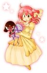  blush bow brown_eyes dress flower frog giroro hair_bow hinata_natsumi jewelry jpeg_artifacts keroro_gunsou necklace pink_hair sakana_(pixiv) short_hair side_ponytail slippers yellow_dress 