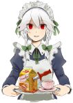  box braid cup face hands highres izayoi_sakuya knife lipton maid maid_headdress product_placement red_eyes short_hair silver_hair sketch solo tai0201 tea teacup the_embodiment_of_scarlet_devil throwing_knife touhou twin_braids weapon 