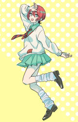  1girl amate_yuzuriha aqua_eyes aqua_shirt aqua_skirt blush collared_shirt commentary_request gundam gundam_gquuuuuux long_sleeves necktie open_mouth red_hair school_uniform shirt shoes short_hair skirt socks solo suisuinnn sweater 