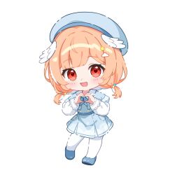  1girl :d beret blue_dress blue_hat blue_shoes blush chibi commentary copyright_request dress feathered_wings full_body hat head_wings heart heart-shaped_pupils heart_hands hitsukuya layered_sleeves long_sleeves looking_at_viewer low_twintails mini_wings orange_hair pantyhose pleated_dress puffy_long_sleeves puffy_sleeves red_eyes shirt shoes short_over_long_sleeves short_sleeves short_twintails simple_background smile solo symbol-shaped_pupils twintails untranslatable_commentary white_background white_pantyhose white_shirt white_wings wings 