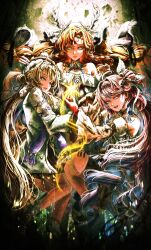  3girls artdroiiid_ii bare_shoulders commentary denia_(wuthering_waves) english_commentary gloves green_eyes hands_up highres jacket long_hair long_sleeves looking_at_viewer multiple_girls nivora_(wuthering_waves) orange_hair pink_hair red_gloves sigrika_(wuthering_waves) smile veil white_jacket white_veil wuthering_waves 