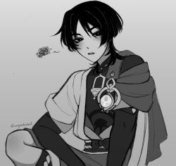  1boy albedo_(xieow) anemo_symbol_(genshin_impact) arm_at_side arm_on_thigh belt blunt_ends blush bodysuit bow commentary english_commentary eyeliner furisode gem genshin_impact grey_background greyscale japanese_clothes juban kimono looking_at_viewer makeup male_focus mandarin_collar monochrome open_clothes open_kimono parted_lips rope sash scaramouche_(genshin_impact) short_sleeves shorts side_cape solo squiggle tsurime twitter_username vision_(genshin_impact) wanderer_(genshin_impact) 
