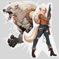  1girl ammunition animal_ears claws commentary crescent cuffs deadlock_(game) earrings fangs full_body gun handcuffs high_heels holding holding_gun holding_weapon jacket jewelry lim_heyong_taek long_hair long_sleeves looking_at_viewer orange_jacket pants pump_action scar scar_on_face shotgun shotgun_shell silver_(deadlock) simple_background solo tail torn_clothes torn_pants weapon werewolf white_background wolf_ears wolf_girl wolf_tail yellow_eyes 