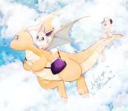  :d animal_focus bag banchiku black_eyes blue_eyes cat claws clouds cloudy_sky commentary_request dragon dragon_wings dragonite eevee fluffy flying full_body grey_fur hat highres horns looking_at_another looking_to_the_side mew_(pokemon) neck_fur no_humans open_mouth outdoors pink_fur pokemon pokemon_(creature) pokemon_focus purple_bag riding riding_pokemon simple_background single_horn sitting sky smile white_fur wings 