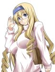  bespectacled blonde_hair blue_eyes breasts cecilia_alcott drill_hair glasses hairband infinite_stratos long_hair mister_(black_and_white) sweater 