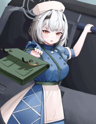  1girl apron bag blue_archive blue_dress braid breasts buttons commentary dangbaeg_(user_ngka8457) double-breasted dress green_bag grey_hair grey_halo half_up_braid halo hat highres holding holding_bag large_breasts medium_hair nurse_cap open_mouth orange_eyes puffy_short_sleeves puffy_sleeves sena_(blue_archive) short_sleeves solo upper_body v-shaped_eyebrows waist_apron white_apron 