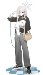  1girl absurdres alternate_costume animal arm_up bag black_hoodie black_mask black_shoes blue_archive bracelet commentary dog fathertrex full_body grey_eyes grey_hair grey_halo grey_pants grin halo highres holding holding_animal hood hoodie jewelry konoka_(blue_archive) leash long_hair looking_at_viewer mask mask_pull mouth_mask pants pomeranian_(dog) shoes simple_background smile solo standing surgical_mask tile_floor tiles v white_background 