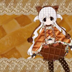  1girl animal_ear_headwear beanie black_eyes bow brown_bow brown_choker brown_gloves brown_hat brown_shirt brown_skirt brown_theme brown_thighhighs bubble_skirt buttons chocolate_print choker cloak collage_(medium) cowboy_shot crop_top dessert earflap_beanie english_commentary expressionless fingerless_gloves food food-themed_background food-themed_clothes food_print frilled_skirt frills fur-trimmed_cloak fur_choker fur_trim gem gloves hair_between_eyes hair_through_headwear hat highres jewelry lace_background long_hair looking_at_viewer magical_girl mahou_shoujo_madoka_magica mahou_shoujo_madoka_magica:_hangyaku_no_monogatari midriff miniskirt momoe_nagisa momoe_nagisa_(magical_girl) no_mouth no_nose orange_cloak paper_cutout_(medium) papercraft_(medium) polka_dot polka_dot_thighhighs pom_pom_(clothes) red_button shirt skirt skirt_bow solo soul_gem standing suspender_skirt suspenders tareme thigh-highs two_side_up unconventional_media waffle_print wavy_hair white_gem white_hair yuno-is-overit 