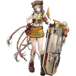  1girl arknights arm_strap armband asymmetrical_gloves asymmetrical_legwear asymmetrical_sleeves aviator_cap aviator_goggles badge belt belt_pouch black_boots black_gloves black_shorts blonde_hair blue_hat boots braid broken_goggles button_badge cairn_(arknights) climbing_rope collared_shirt cropped_shirt detached_pants double_bun elbow_pads fangs flag full_body gloves goggles goggles_on_headwear hair_bun hand_on_own_hip hat highres holding holding_shield kyikyi long_hair looking_at_viewer meerkat_ears meerkat_girl meerkat_tail megaphone miniskirt mismatched_gloves mismatched_legwear multiple_braids navel necktie official_art open_mouth orange_belt orange_eyes orange_rope pleated_skirt pouch red_armband red_gloves ribbed_socks rope rope_belt scar_on_hip scout_movement scout_uniform shield shirt shorts shorts_under_skirt simple_background single_elbow_pad single_sock skirt smile socks solo suspender_shorts suspenders third-party_source torn_clothes torn_shirt transparent_background uneven_sleeves very_long_hair walkie-talkie white_shirt white_socks yellow_necktie yellow_skirt 