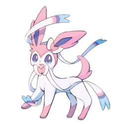  blue_eyes chinese_commentary commentary_request full_body highres no_humans open_mouth pokemon pokemon_(creature) pokemon_focus simple_background smile solo standing sylveon white_background zlvpaew4ca12653 
