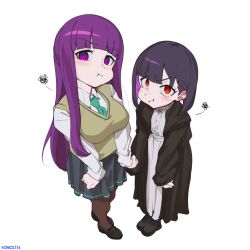  2girls :t absurdres angry artist_name black_coat black_pantyhose black_shoes blue_skirt blunt_bangs blush breasts bright_pupils brown_sweater clenched_hands coat collared_shirt commentary commission cosplay costume_switch crossover do_it_yourself!! dress dress_shirt fern_(sousou_no_frieren) fern_(sousou_no_frieren)_(cosplay) from_above full_body green_necktie highres ichinose_kana large_breasts loafers long_hair long_sleeves looking_at_viewer multiple_girls necktie once_11h open_clothes open_coat pantyhose perspective pleated_skirt pout puffy_cheeks purple_hair red_eyes ringed_eyes school_uniform shirt shoes short_hair simple_background skirt sleeves_past_wrists sousou_no_frieren squiggle standing suride_miku suride_miku_(cosplay) sweater v-shaped_eyebrows very_long_hair violet_eyes voice_actor_connection white_background white_dress white_pupils 