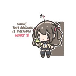  1girl :d black_thighhighs blush_stickers brown_hair brown_shoes chibi chibi_only commentary decrilus emoticon english_commentary english_text full_body hair_ribbon holding long_hair neuro-sama open_mouth radio_antenna red_ribbon ribbon school_uniform serafuku shoes simple_background smile standing thigh-highs turtle two_side_up vedal987 vedal_ai virtual_youtuber white_background 
