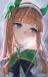  1girl absurdres animal_ears black_bow blue_eyes blunt_bangs blush bow clouds cloudy_sky commentary ear_covers green_sailor_collar hairband highres hime_cut horse_ears horse_girl long_hair orange_hair parted_lips portrait rain sailor_collar shirt silence_suzuka_(innocent_silence)_(umamusume) silence_suzuka_(umamusume) sky solo sundajin_asagi umamusume wet wet_clothes wet_shirt white_hairband 