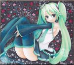  detached_sleeves green_eyes green_hair hair_ornament hatsune_miku long_hair marker_(medium) mosho necktie shikishi sitting skirt smile solo thigh-highs thighhighs traditional_media twintails very_long_hair vocaloid watercolor_(medium) 