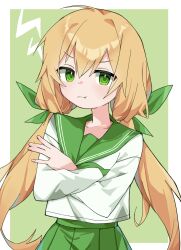  1girl blonde_hair border closed_mouth commentary_request commission crossed_arms green_background green_eyes green_neckerchief green_sailor_collar green_skirt highres light_blush long_hair long_sleeves looking_at_viewer low_twintails neckerchief original pleated_skirt pout sailor_collar school_uniform serafuku shirt simple_background skeb_commission skirt sleeve_cuffs solo twintails upper_body very_long_hair white_border white_shirt yadorii 