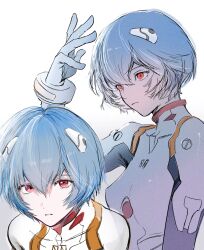  1girl absurdres ayanami_rei blue_hair bodysuit bolt_(hardware) breasts closed_mouth covered_collarbone cropped_shoulders cropped_torso cuffs empty_eyes hair_between_eyes hand_up headset highres interface_headset_(evangelion) looking_at_viewer looking_to_the_side mecha_pilot_suit multiple_views neon_genesis_evangelion number_print pale_skin plugsuit_(evangelion) red_eyes short_hair simple_background single_empty_eye small_breasts solo_focus soraaaa53 upper_body white_background white_bodysuit 