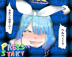  1girl arona_(blue_archive) blue_archive blue_background blue_hair blush bow_hairband braid cheek_pinching closed_eyes commentary_request crying disembodied_hand hairband halo head_only highres kanakoto_soshite medium_hair open_mouth parody pinching side_braid solo super_mario_64 super_mario_bros. translation_request v-shaped_eyebrows white_hairband yellow_halo 