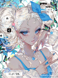  1girl absurdres artist_name bare_shoulders blue_bow blue_butterfly blue_camisole blue_eyes blue_eyeshadow blue_flower blue_nails blue_ribbon bow braid bug butterfly camisole collarbone dark-skinned_female dark_skin double_bun eyelashes eyeshadow fingernails flower hair_bow hair_bun hair_ornament highres jewelry korean_text long_sleeves looking_at_viewer makeup mole mole_under_eye nail_polish necklace off_shoulder original parted_lips ribbon shifeng solo spaghetti_strap sparkle star_(symbol) sweater twin_braids upper_body v watermark white_hair 