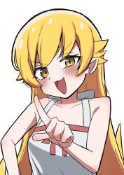  1girl bare_shoulders blonde_hair blush collarbone commentary dress fang long_hair looking_at_viewer monogatari_(series) open_mouth oshino_shinobu simple_background sleeveless sleeveless_dress solo tomoshi_sora white_background white_dress yellow_eyes 