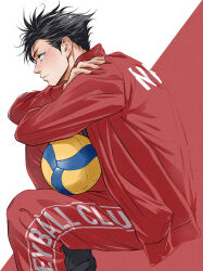 1boy black_hair blush closed_mouth commentary_request crossed_arms fingernails from_side haikyuu!! highres invisible_chair kuroo_tetsurou male_focus red_background red_track_suit shiromaru_haiji short_hair sideburns simple_background sitting solo sportswear track_suit two-tone_background volleyball_uniform white_background 
