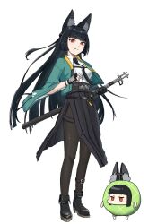  1girl animal_ear_fluff animal_ears aqua_jacket arm_out_of_sleeve black_gloves black_hair black_necktie black_pantyhose black_shoes black_skirt closed_mouth commentary_request fingerless_gloves food fox_ears fox_girl fruit gauntlets gloves high-waist_skirt highres holding holding_sword holding_weapon hoshimi_miyabi jacket katana long_hair looking_at_viewer melon necktie pantyhose popon_o_0 red_eyes sheath sheathed shirt shoes simple_background single_fingerless_glove single_gauntlet single_glove skirt smile sword weapon white_background white_shirt zenless_zone_zero 