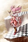  adapted_costume armor armored_dress checkered checkered_floor gloves highres kamen_rider kamen_rider_ryuki_(series) kaname_madoka kaneko_tsukasa kyubey kyuubee magical_girl mahou_shoujo_madoka_magica mask parody red_eyes revised revision serious solo twintails white_gloves 