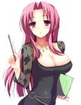  blush breasts cleavage kishiki_kanmitsu long_hair no_bra ooeyama_inori open_mouth pink_eyes pink_hair solo standing teacher tsuyokiss 