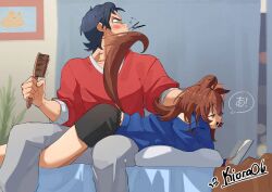  1boy 1girl agnes_tachyon_(umamusume) ahoge animal_ears black_hair black_shorts blue_sweater book breasts brown_hair commentary_request curtains cushion grey_pants hair_brush head_tilt highres hitting holding holding_book holding_hair_brush horse_ears horse_girl in_the_face kiora06 long_sleeves lying medium_breasts on_person open_mouth pants picture_frame reading red_eyes red_shirt shirt short_hair shorts signature sleeves_past_fingers sleeves_past_wrists spit_take spitting sweater trainer_(umamusume) umamusume 