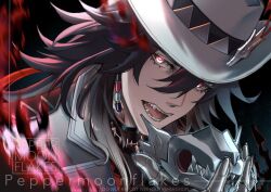  1boy artist_name ashveil_(honkai:_star_rail) black_hair black_shirt earrings fedora gradient_hair hat hat_ornament holding holding_mask honkai:_star_rail honkai_(series) jacket jewelry long_hair male_focus mask mouth_mask multicolored_hair necklace open_mouth peppermoonflakes shirt single_earring solo supplicant_mask teeth tooth_necklace turtleneck violet_eyes watermark white_hair white_hat white_jacket 