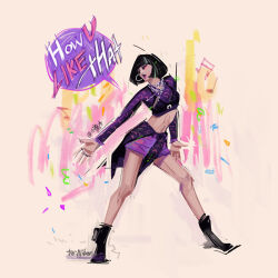  1girl black_boots black_eyeliner black_hair blackpink bob_cut boots commentary crop_top dancing eyeliner full_body iiiiben jewelry k-pop lisa_(blackpink) long_sleeves makeup midriff music musical_note navel purple_shorts ring shorts singing solo speech_bubble twitter_username 